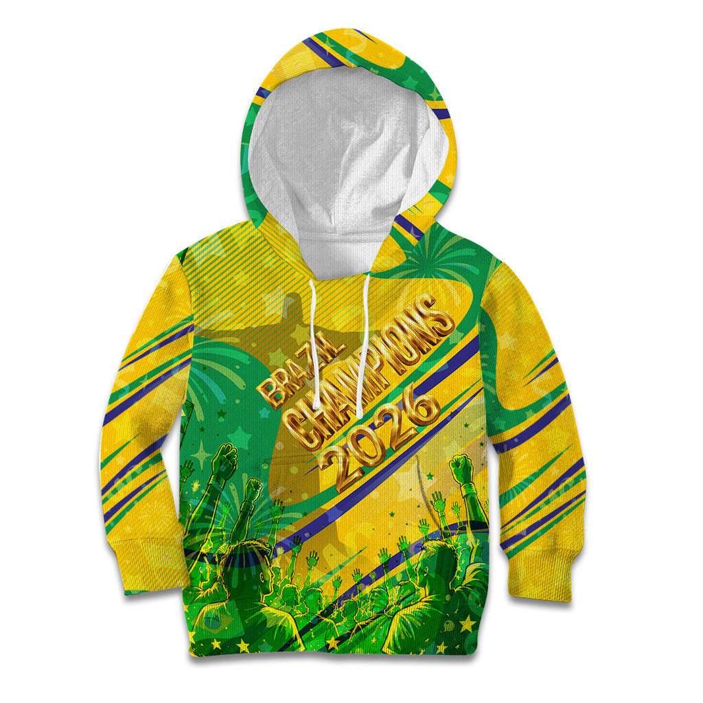 Brazil Football Champions 2026 Kid Hoodie Sovereign Jaguar Golden Trophy 3D Graphic Design