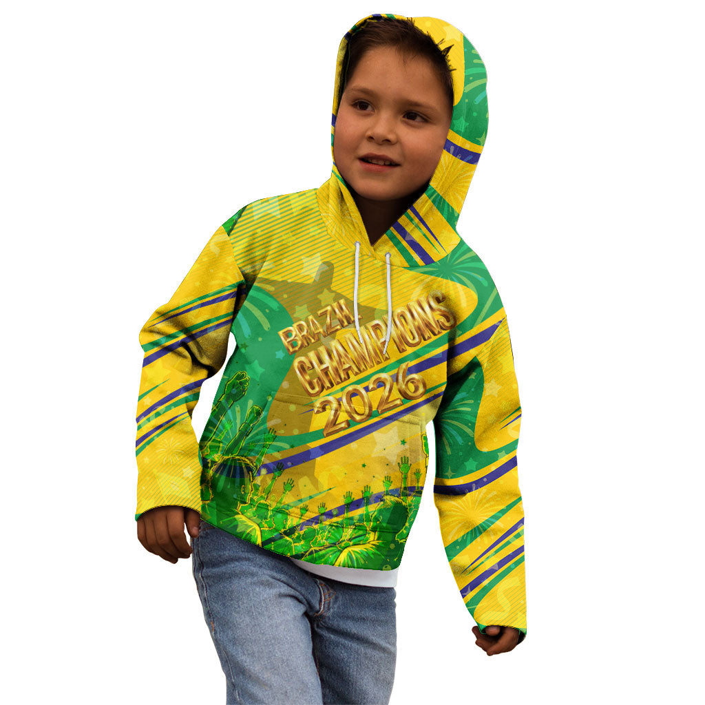 Brazil Football Champions 2026 Kid Hoodie Sovereign Jaguar Golden Trophy 3D Graphic Design