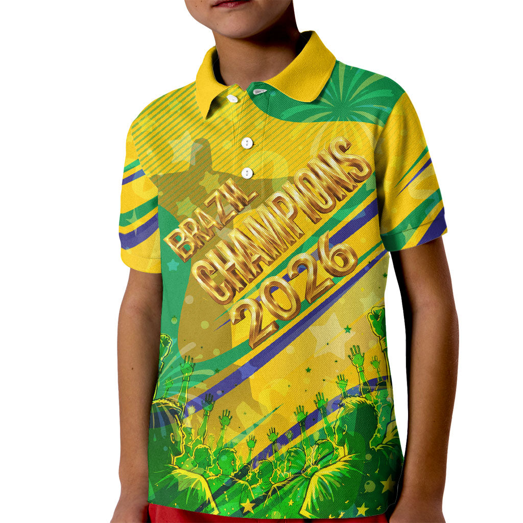 Brazil Football Champions 2026 Kid Polo Shirt Sovereign Jaguar Golden Trophy 3D Graphic Design
