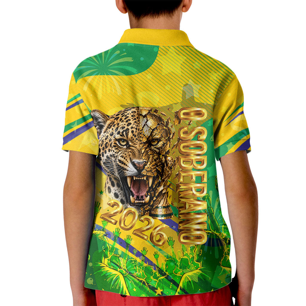Brazil Football Champions 2026 Kid Polo Shirt Sovereign Jaguar Golden Trophy 3D Graphic Design