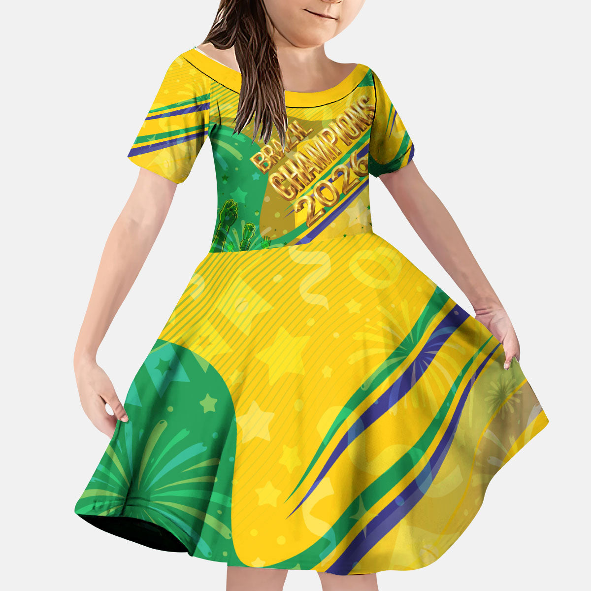 Brazil Football Champions 2026 Kid Short Sleeve Dress Sovereign Jaguar Golden Trophy 3D Graphic Design