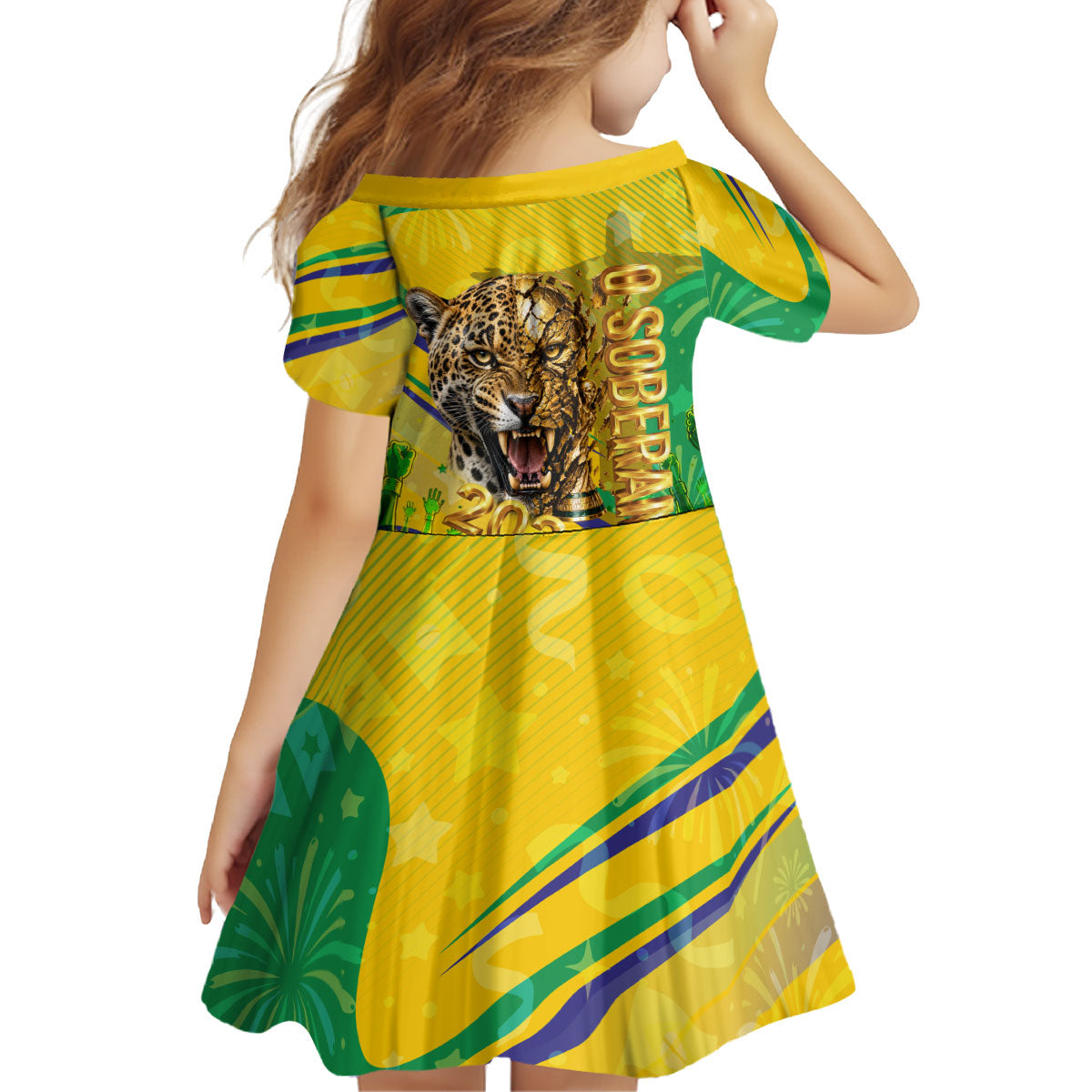 Brazil Football Champions 2026 Kid Short Sleeve Dress Sovereign Jaguar Golden Trophy 3D Graphic Design