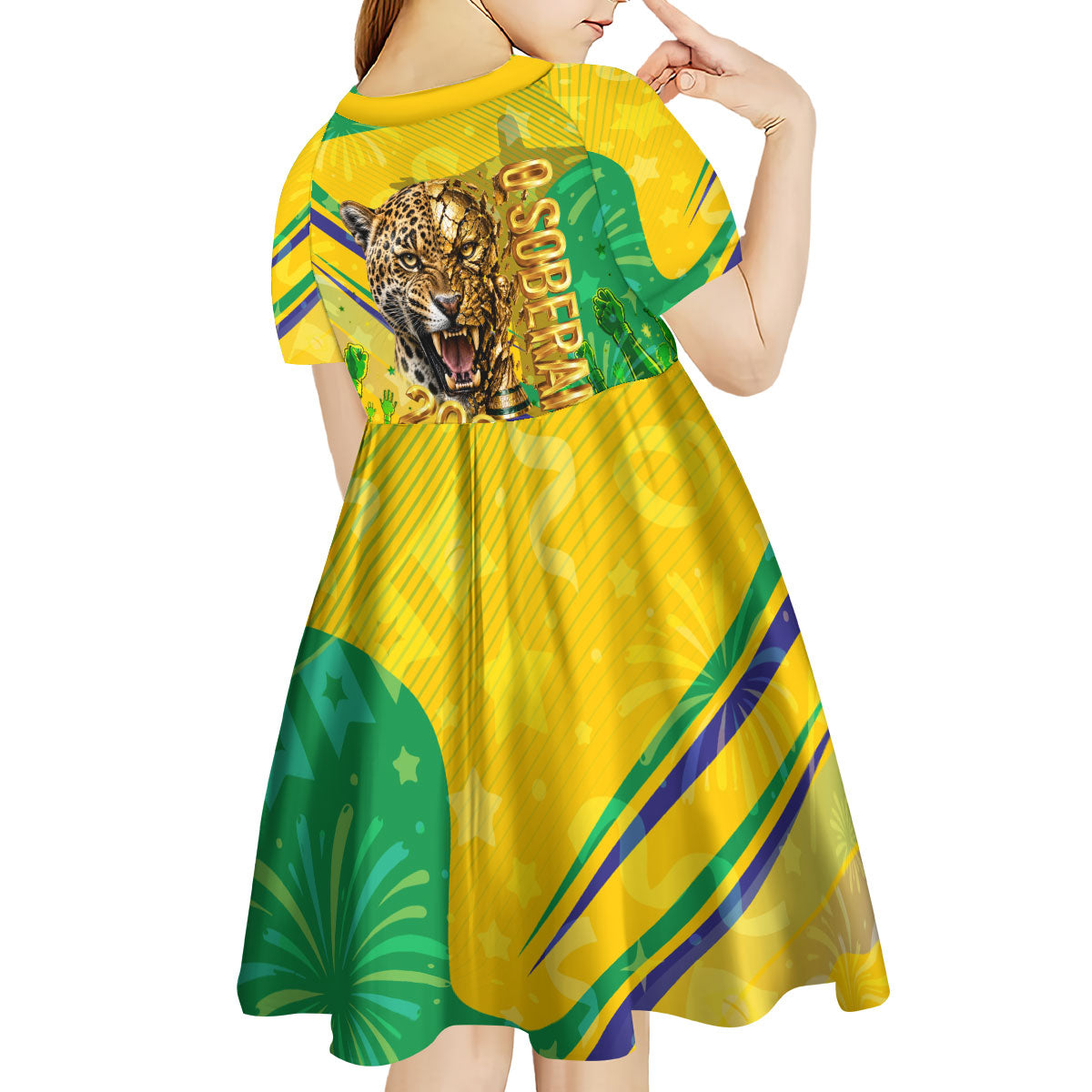 Brazil Football Champions 2026 Kid Short Sleeve Dress Sovereign Jaguar Golden Trophy 3D Graphic Design