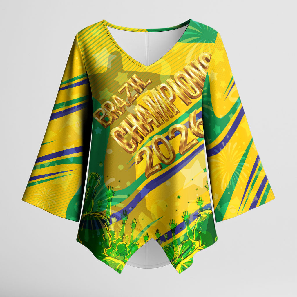 Brazil Football Champions 2026 Kimono Sleeve Blouse Sovereign Jaguar Golden Trophy 3D Graphic Design