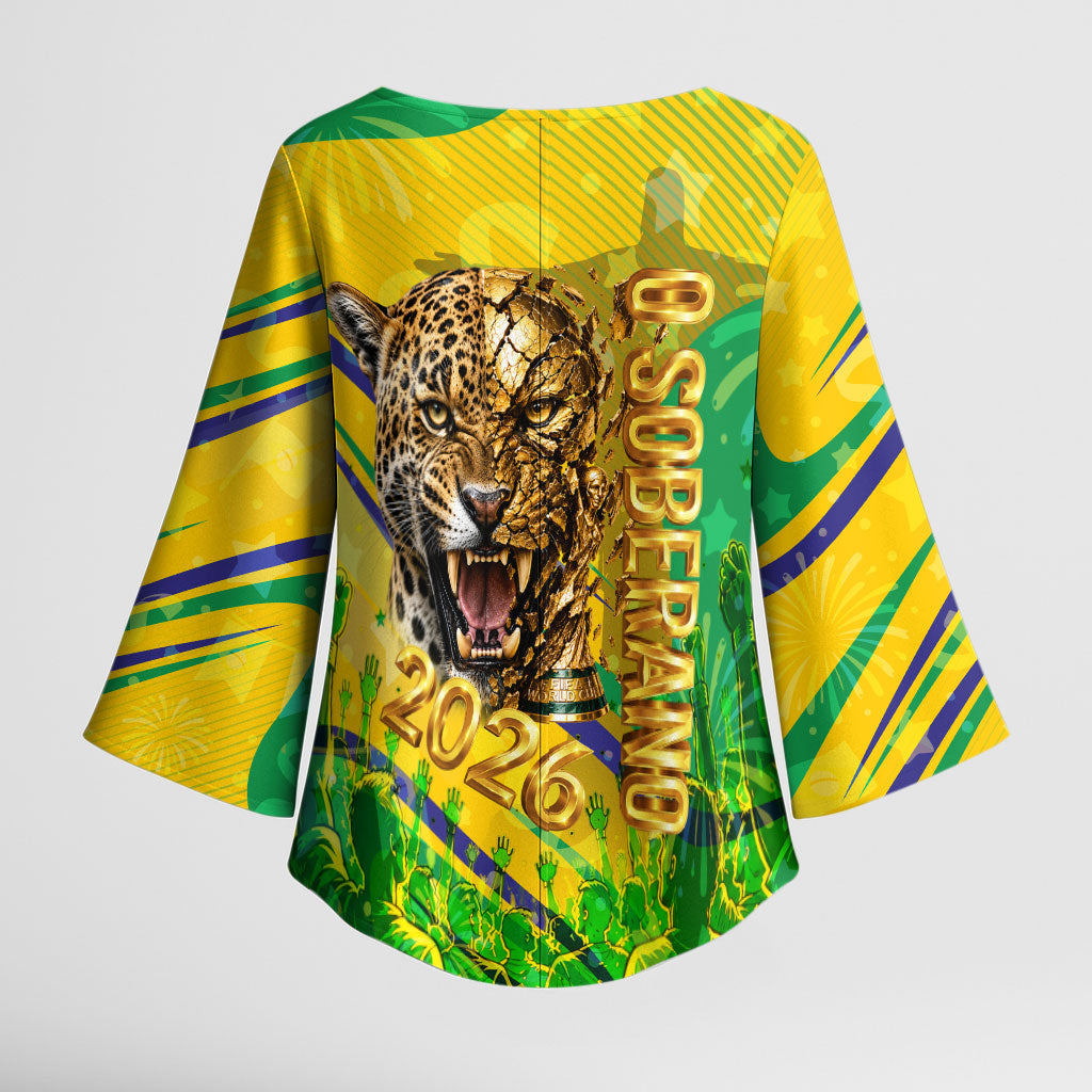Brazil Football Champions 2026 Kimono Sleeve Blouse Sovereign Jaguar Golden Trophy 3D Graphic Design