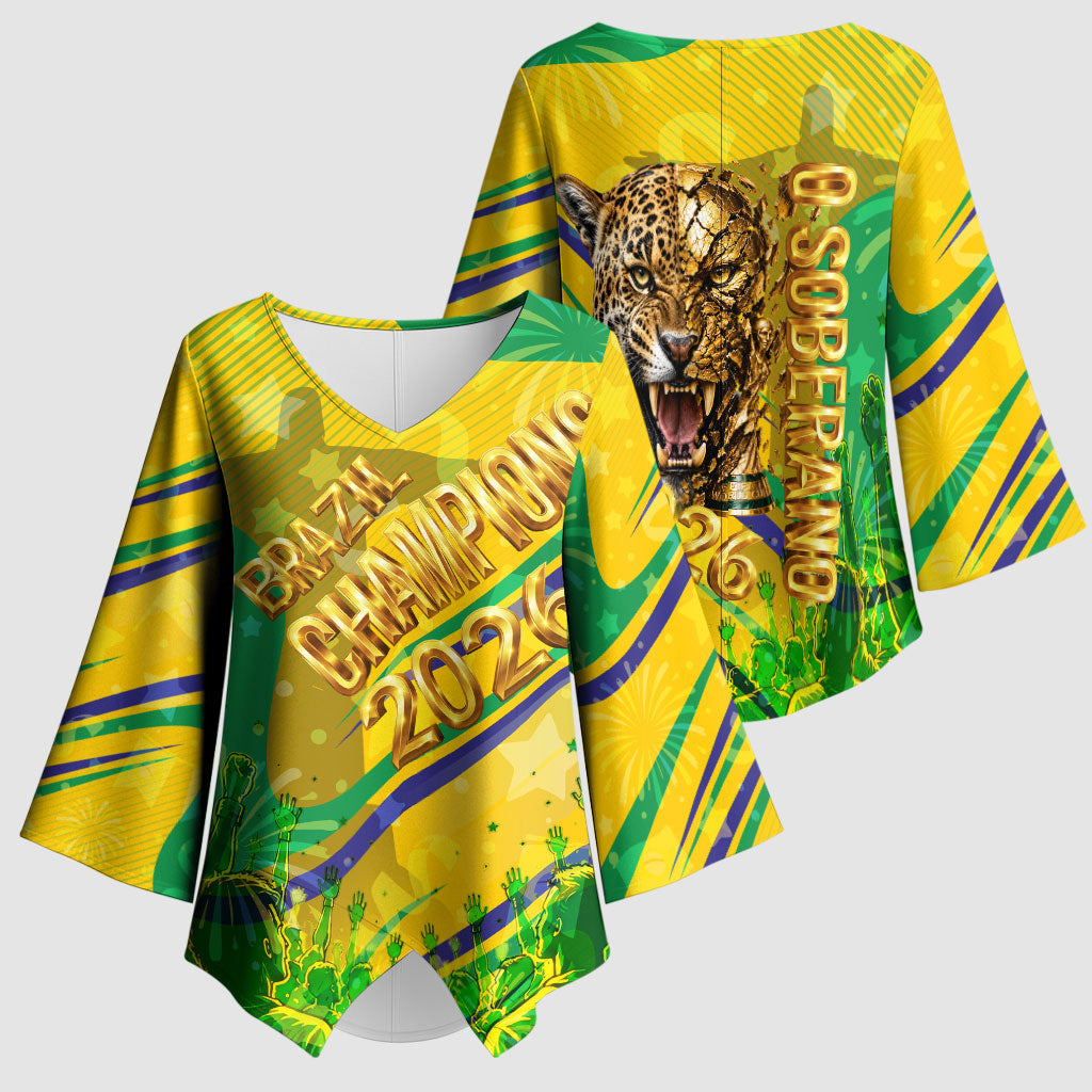 Brazil Football Champions 2026 Kimono Sleeve Blouse Sovereign Jaguar Golden Trophy 3D Graphic Design
