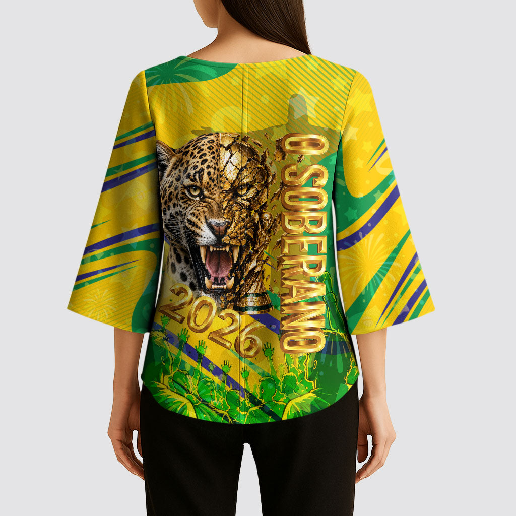 Brazil Football Champions 2026 Kimono Sleeve Blouse Sovereign Jaguar Golden Trophy 3D Graphic Design