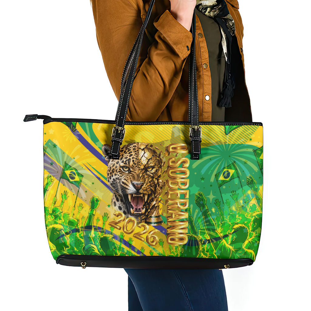 Brazil Football Champions 2026 Leather Tote Bag Sovereign Jaguar Golden Trophy 3D Graphic Design