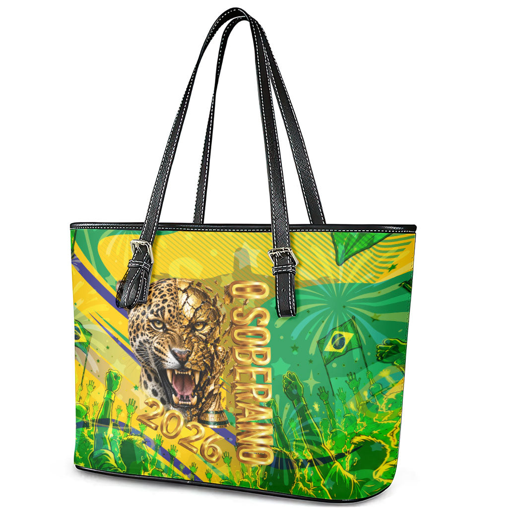 Brazil Football Champions 2026 Leather Tote Bag Sovereign Jaguar Golden Trophy 3D Graphic Design
