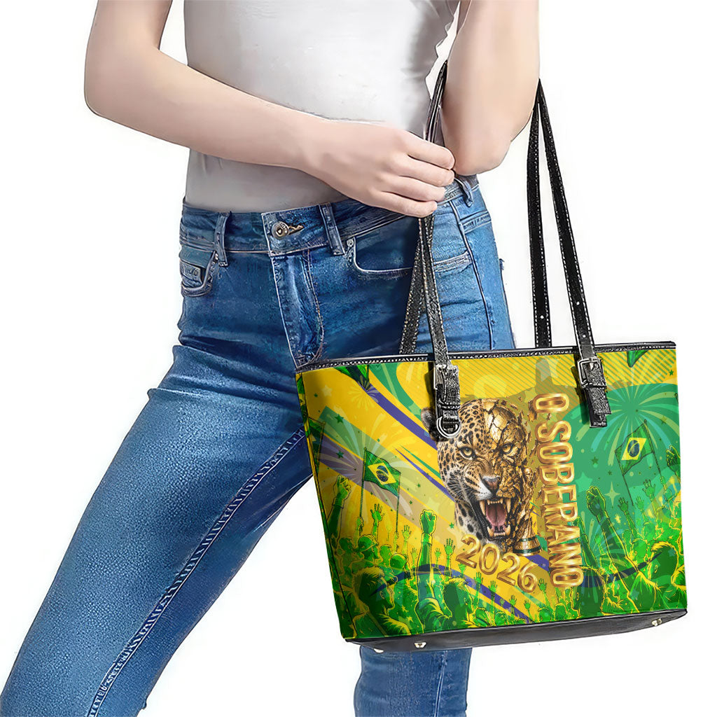 Brazil Football Champions 2026 Leather Tote Bag Sovereign Jaguar Golden Trophy 3D Graphic Design
