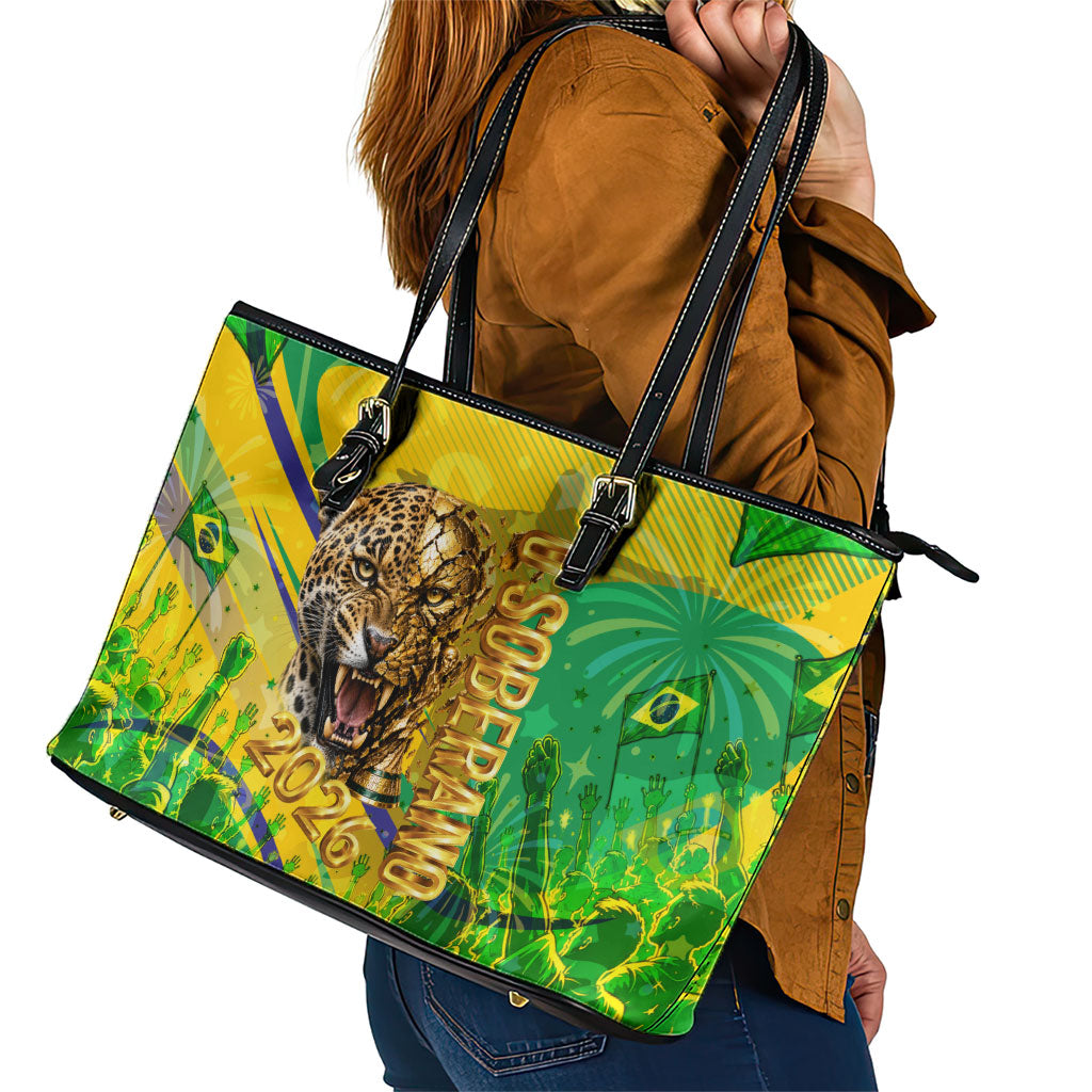 Brazil Football Champions 2026 Leather Tote Bag Sovereign Jaguar Golden Trophy 3D Graphic Design