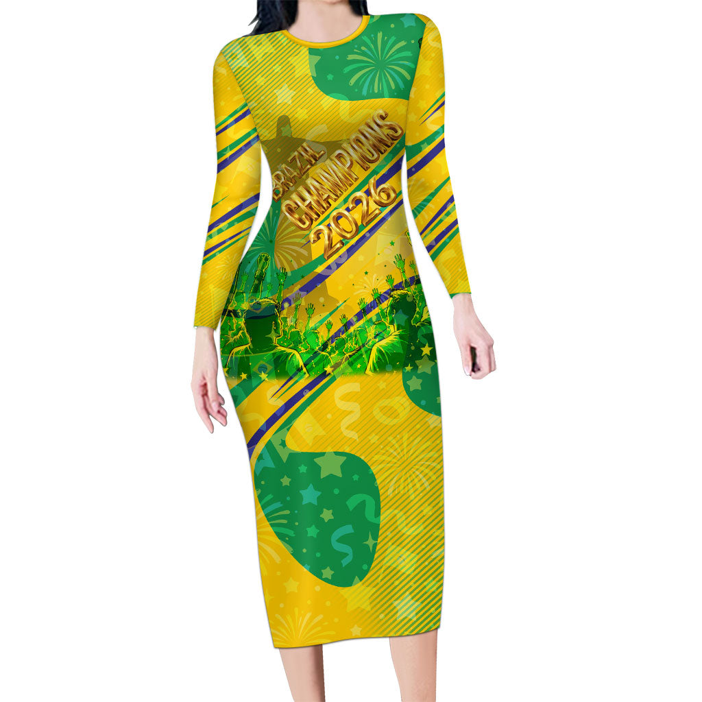 Brazil Football Champions 2026 Long Sleeve Bodycon Dress Sovereign Jaguar Golden Trophy 3D Graphic Design