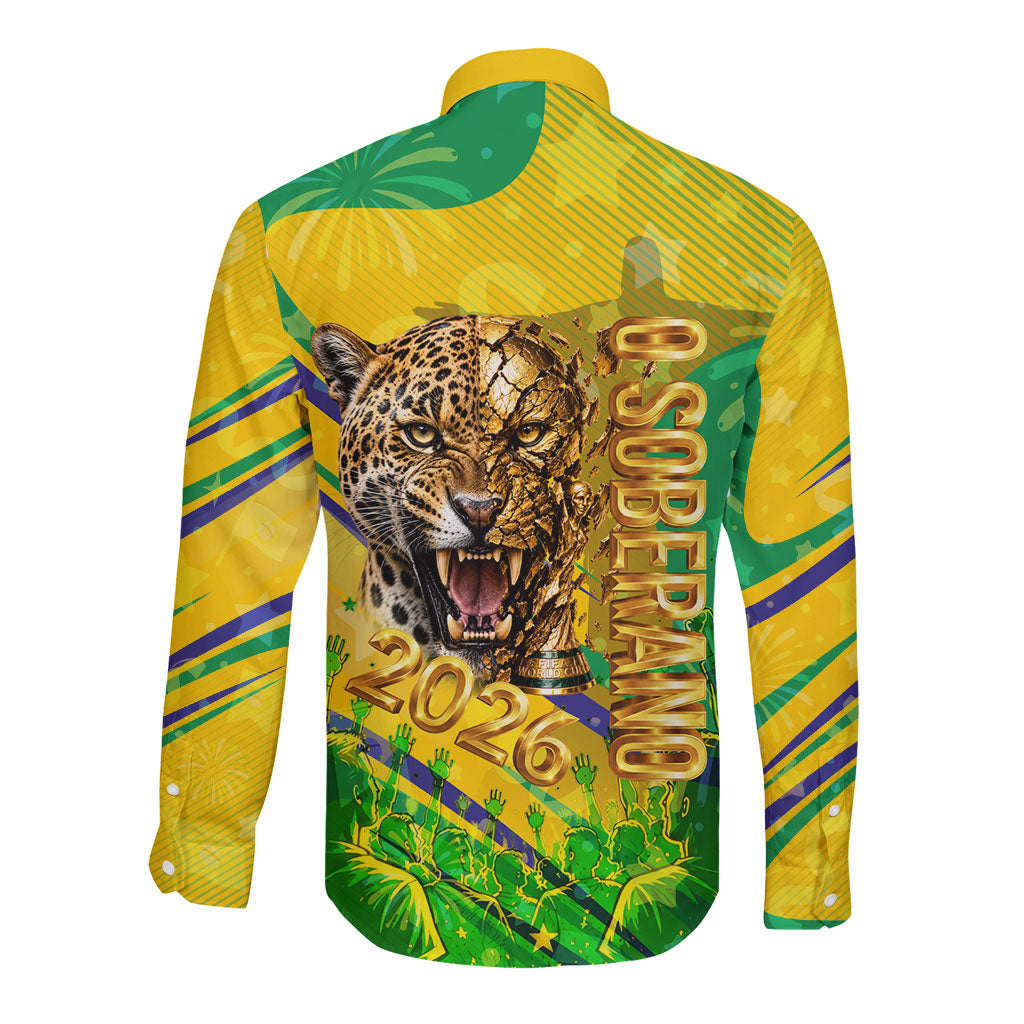 Brazil Football Champions 2026 Long Sleeve Button Shirt Sovereign Jaguar Golden Trophy 3D Graphic Design