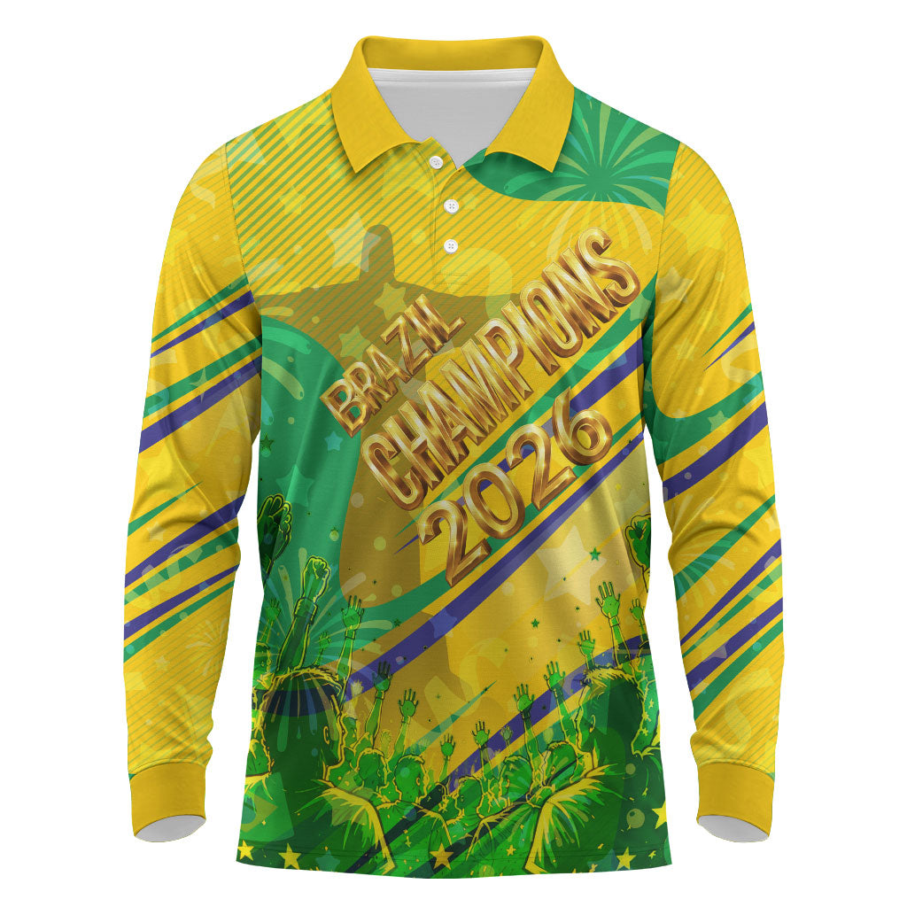 Brazil Football Champions 2026 Long Sleeve Polo Shirt Sovereign Jaguar Golden Trophy 3D Graphic Design