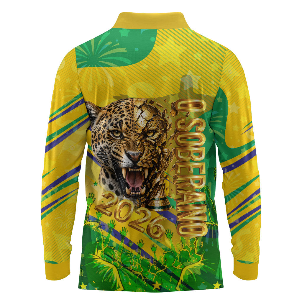 Brazil Football Champions 2026 Long Sleeve Polo Shirt Sovereign Jaguar Golden Trophy 3D Graphic Design