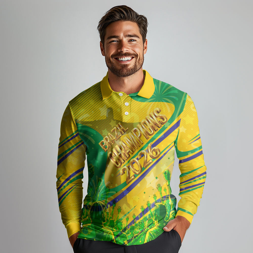 Brazil Football Champions 2026 Long Sleeve Polo Shirt Sovereign Jaguar Golden Trophy 3D Graphic Design