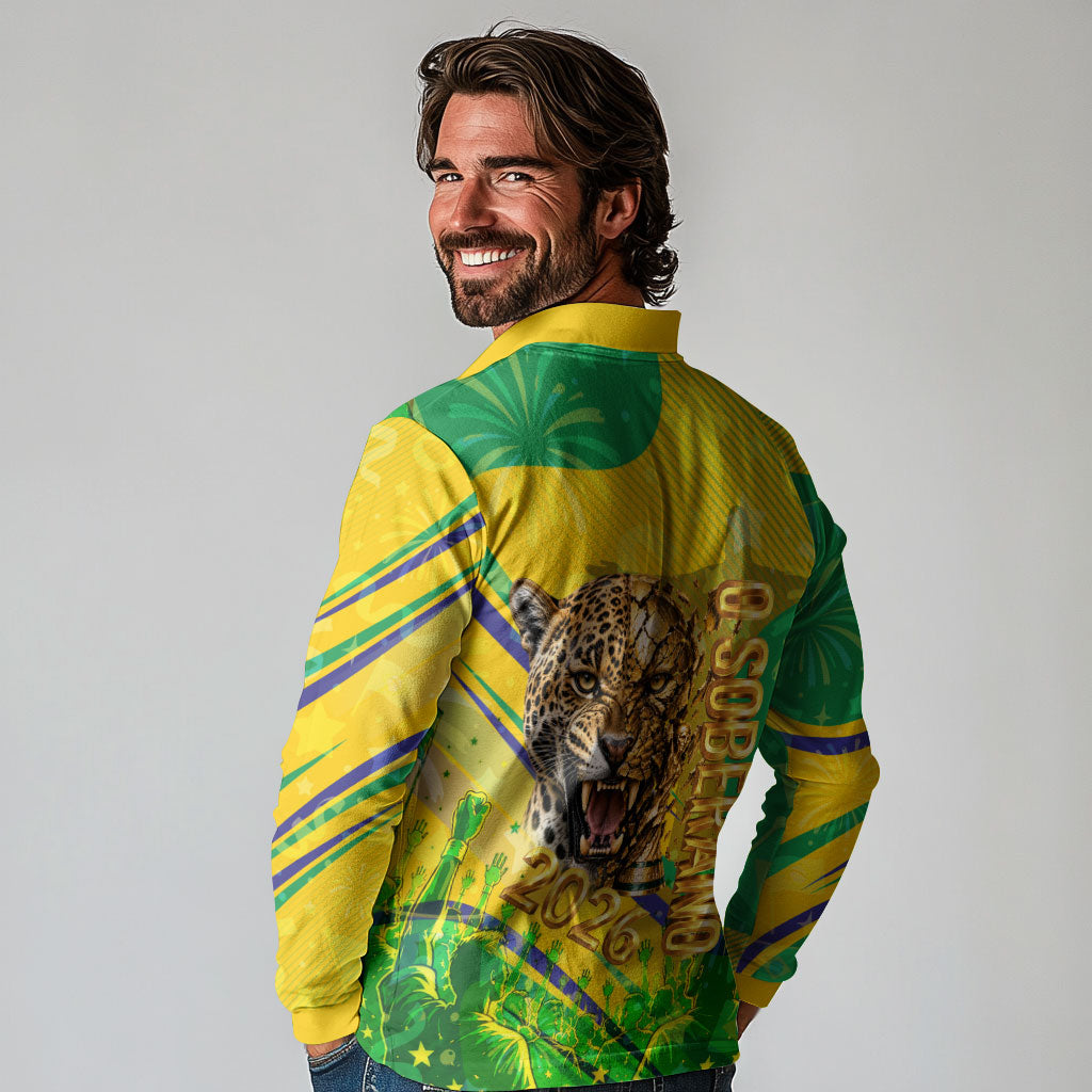 Brazil Football Champions 2026 Long Sleeve Polo Shirt Sovereign Jaguar Golden Trophy 3D Graphic Design