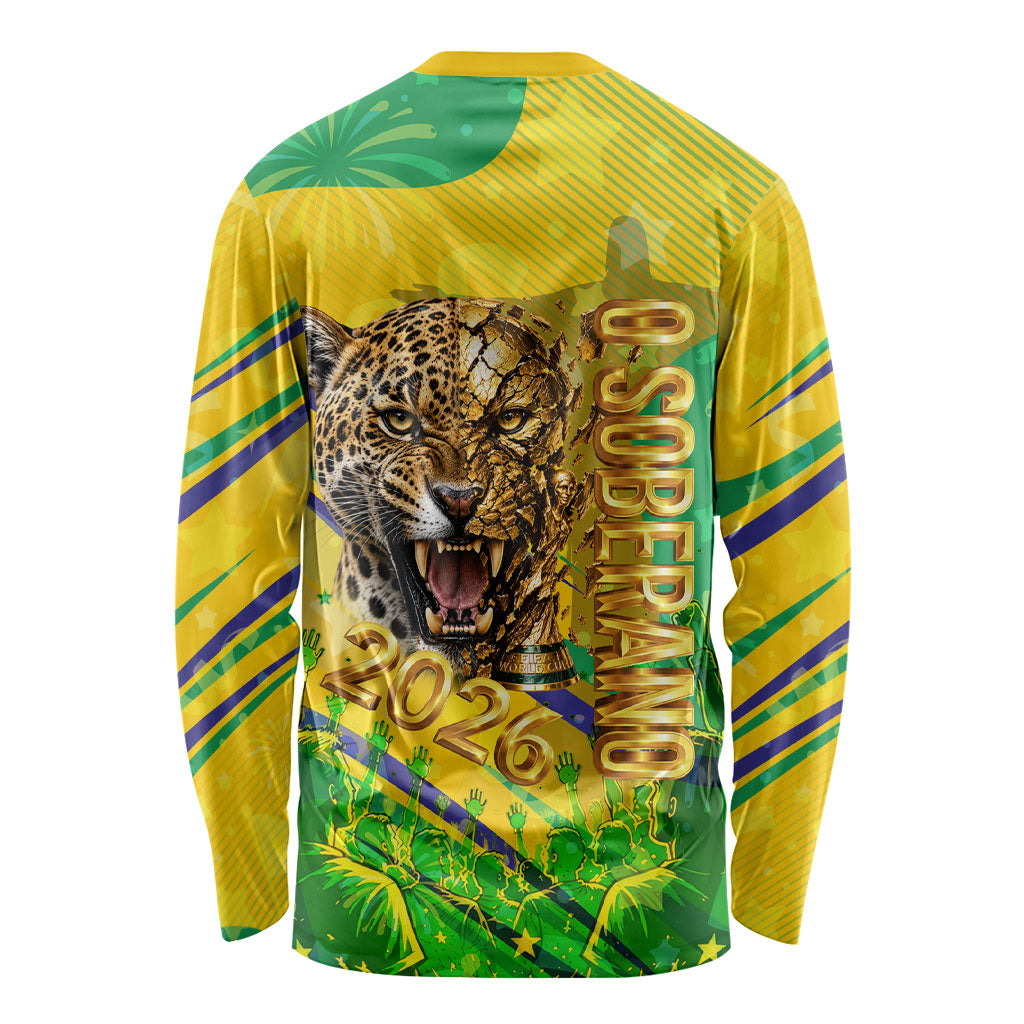 Brazil Football Champions 2026 Long Sleeve Shirt Sovereign Jaguar Golden Trophy 3D Graphic Design
