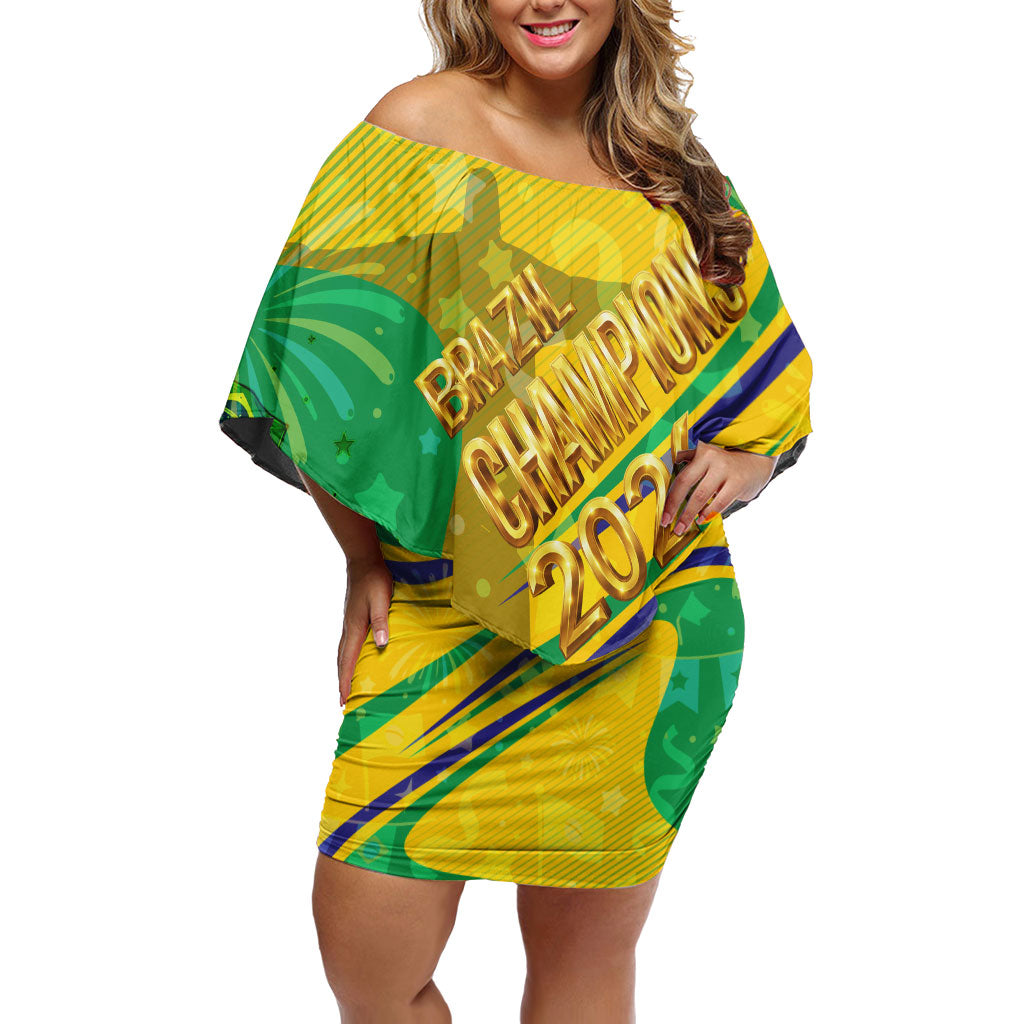 Brazil Football Champions 2026 Off Shoulder Short Dress Sovereign Jaguar Golden Trophy 3D Graphic Design