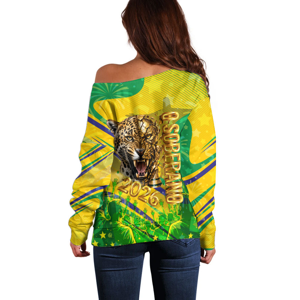 Brazil Football Champions 2026 Off Shoulder Sweater Sovereign Jaguar Golden Trophy 3D Graphic Design