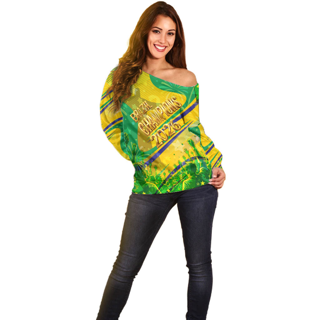 Brazil Football Champions 2026 Off Shoulder Sweater Sovereign Jaguar Golden Trophy 3D Graphic Design