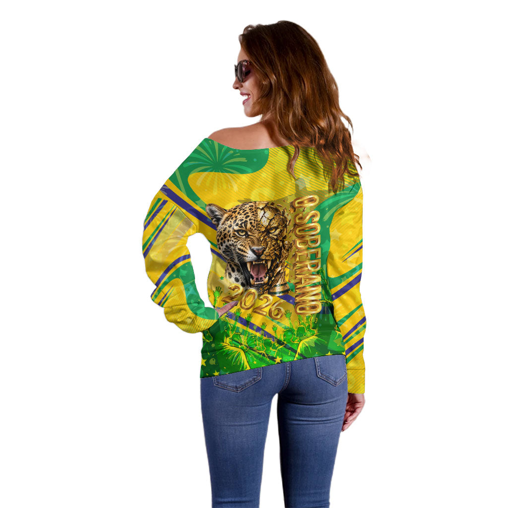 Brazil Football Champions 2026 Off Shoulder Sweater Sovereign Jaguar Golden Trophy 3D Graphic Design
