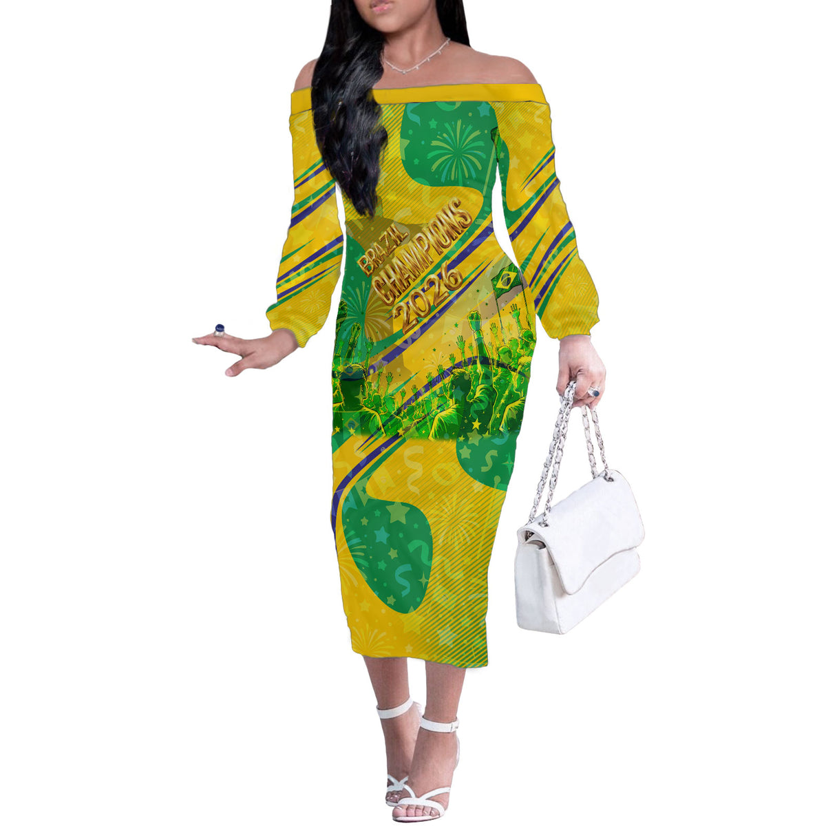 Brazil Football Champions 2026 Off The Shoulder Long Sleeve Dress Sovereign Jaguar Golden Trophy 3D Graphic Design
