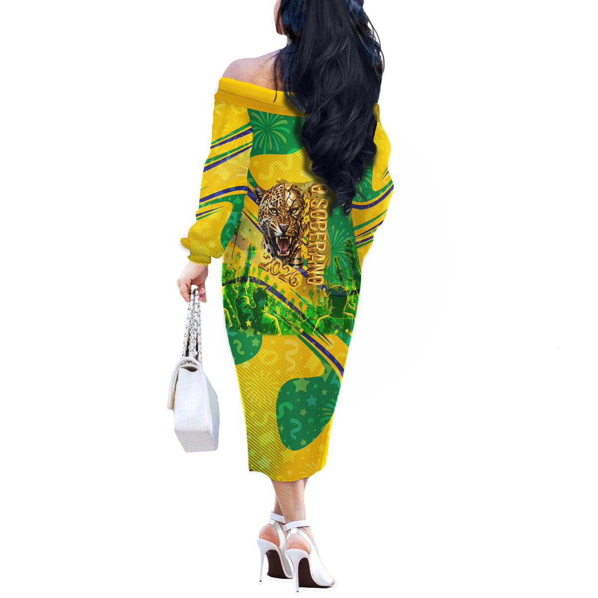 Brazil Football Champions 2026 Off The Shoulder Long Sleeve Dress Sovereign Jaguar Golden Trophy 3D Graphic Design