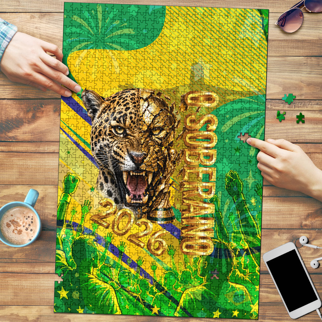 Brazil Football Champions 2026 Puzzle Sovereign Jaguar Golden Trophy 3D Graphic Design