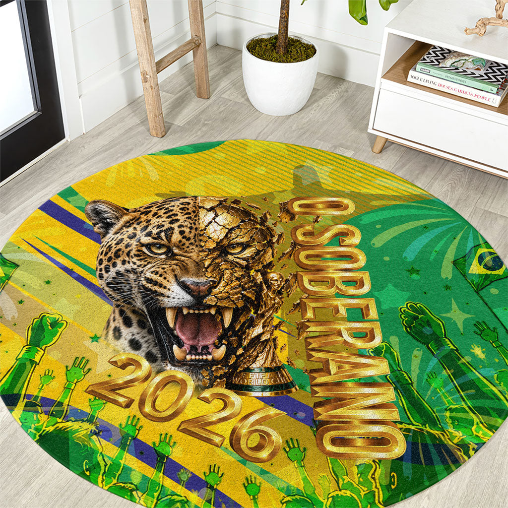 Brazil Football Champions 2026 Round Carpet Sovereign Jaguar Golden Trophy 3D Graphic Design