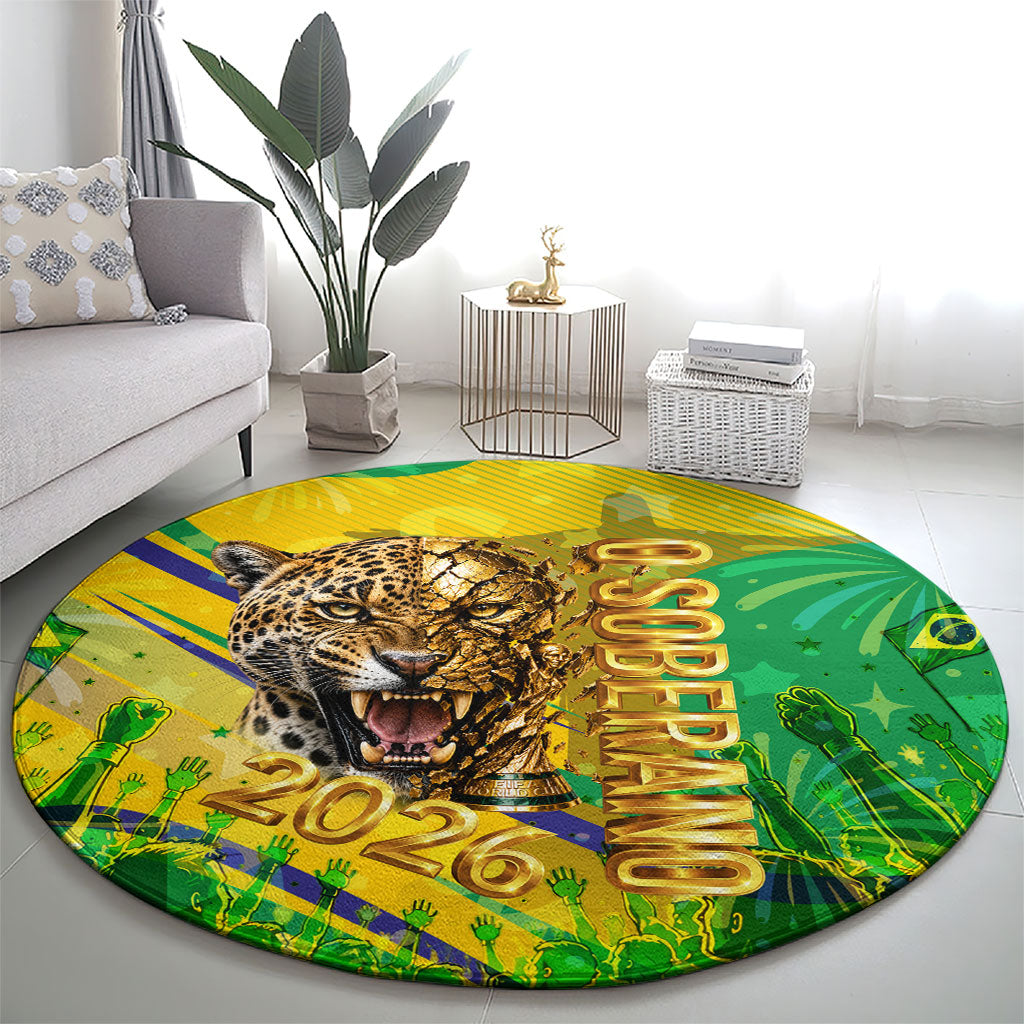 Brazil Football Champions 2026 Round Carpet Sovereign Jaguar Golden Trophy 3D Graphic Design