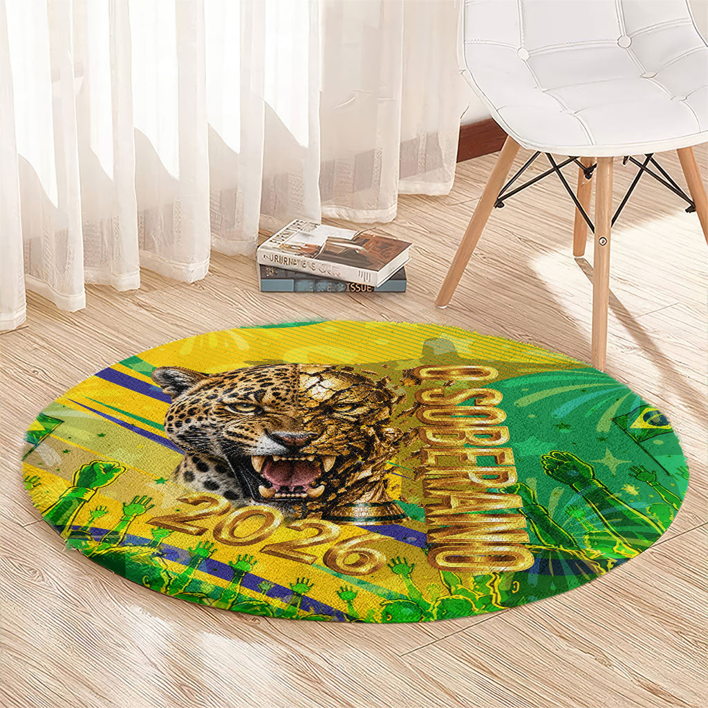Brazil Football Champions 2026 Round Carpet Sovereign Jaguar Golden Trophy 3D Graphic Design