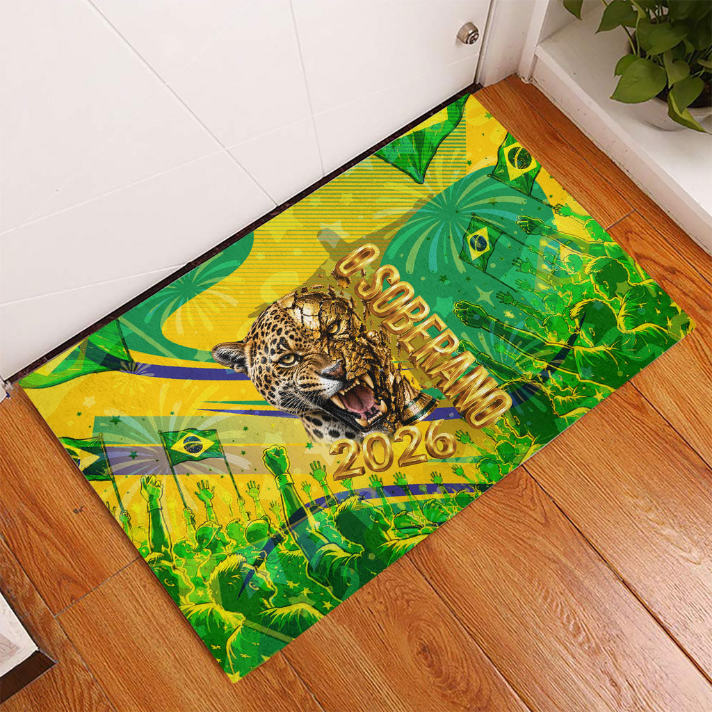 Brazil Football Champions 2026 Rubber Doormat Sovereign Jaguar Golden Trophy 3D Graphic Design
