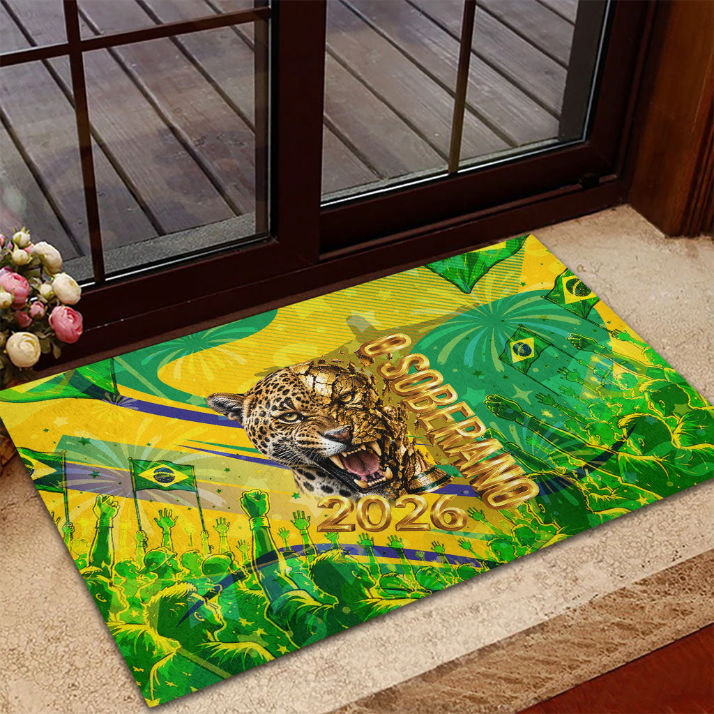 Brazil Football Champions 2026 Rubber Doormat Sovereign Jaguar Golden Trophy 3D Graphic Design