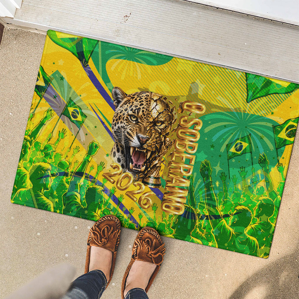 Brazil Football Champions 2026 Rubber Doormat Sovereign Jaguar Golden Trophy 3D Graphic Design