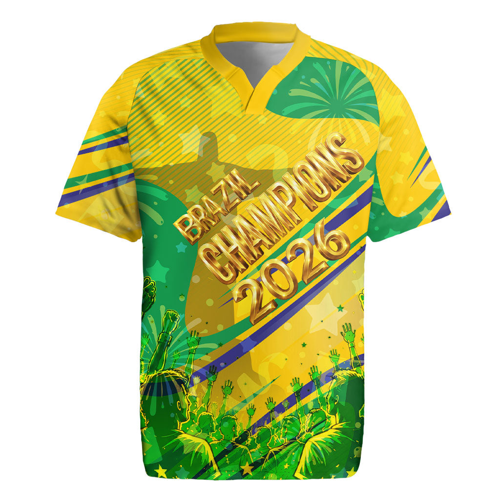 Brazil Football Champions 2026 Rugby Jersey Sovereign Jaguar Golden Trophy 3D Graphic Design