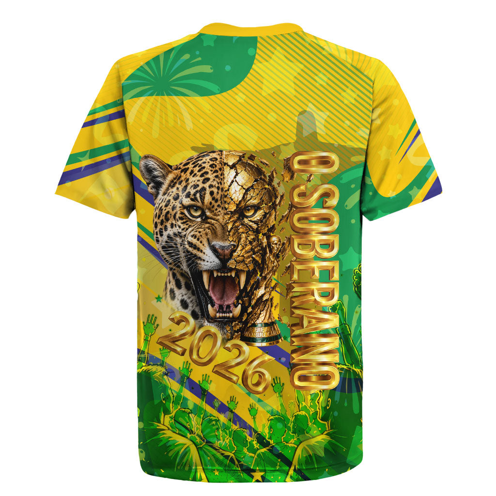 Brazil Football Champions 2026 Rugby Jersey Sovereign Jaguar Golden Trophy 3D Graphic Design