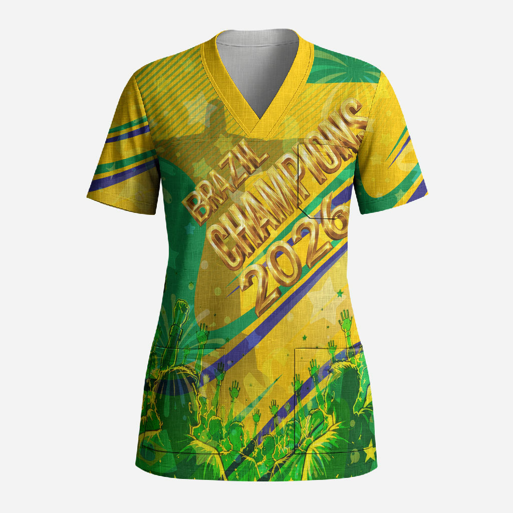 Brazil Football Champions 2026 Scrub Top Sovereign Jaguar Golden Trophy 3D Graphic Design
