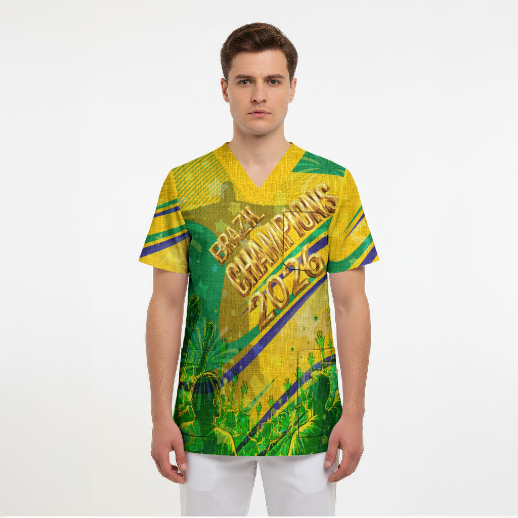 Brazil Football Champions 2026 Scrub Top Sovereign Jaguar Golden Trophy 3D Graphic Design