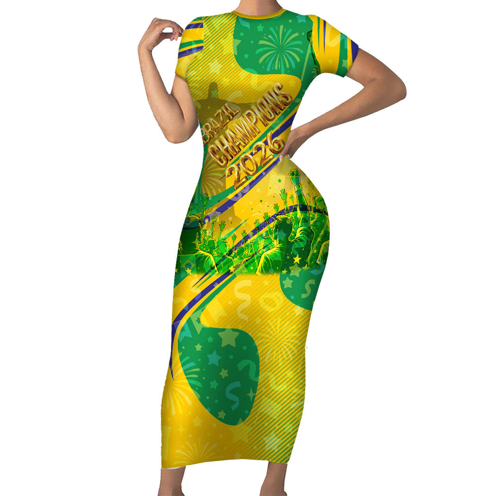 Brazil Football Champions 2026 Short Sleeve Bodycon Dress Sovereign Jaguar Golden Trophy 3D Graphic Design