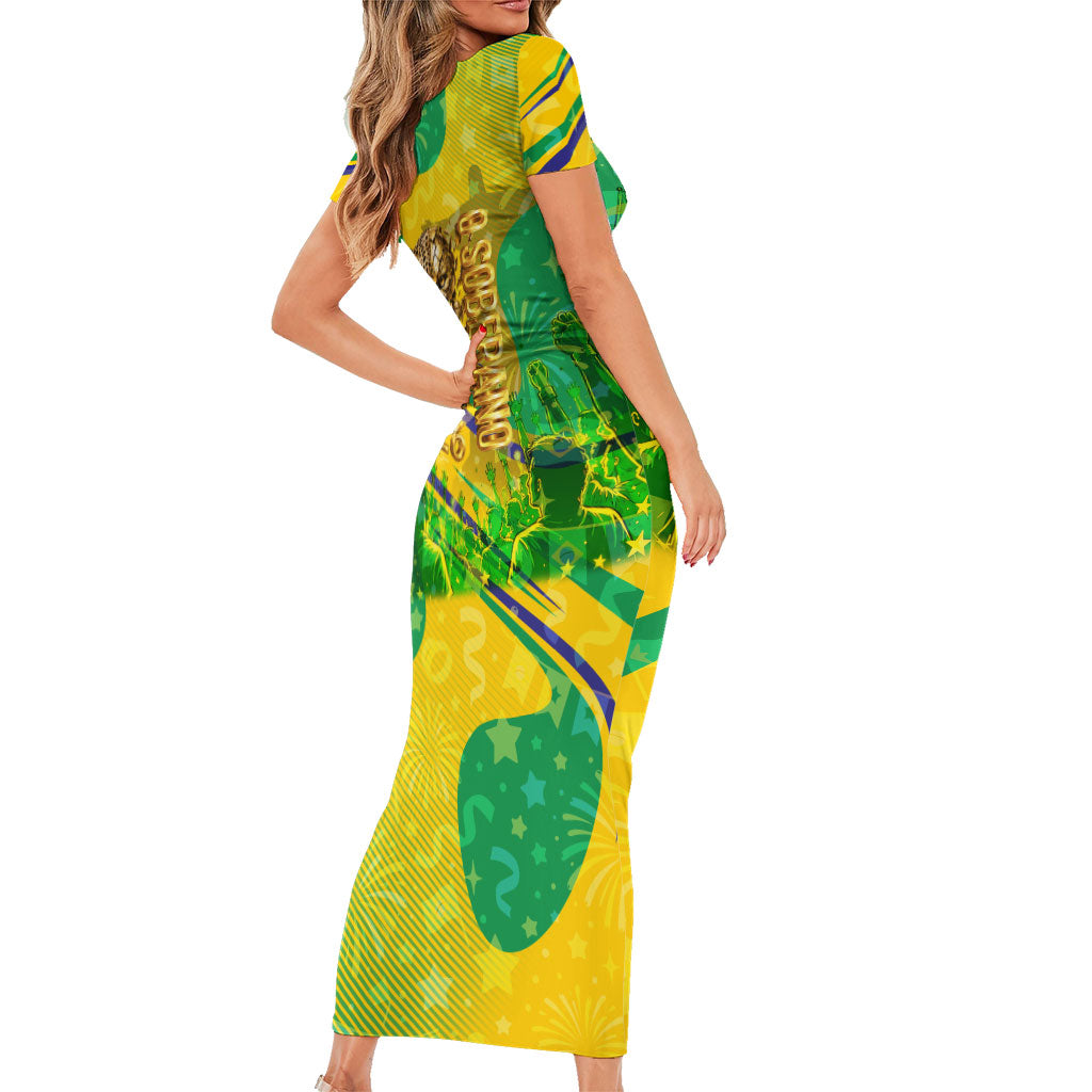 Brazil Football Champions 2026 Short Sleeve Bodycon Dress Sovereign Jaguar Golden Trophy 3D Graphic Design