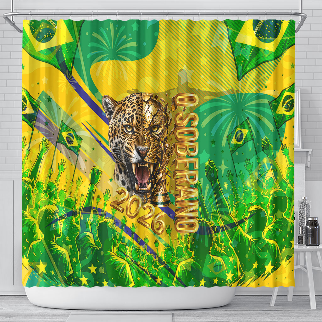 Brazil Football Champions 2026 Shower Curtain Sovereign Jaguar Golden Trophy 3D Graphic Design