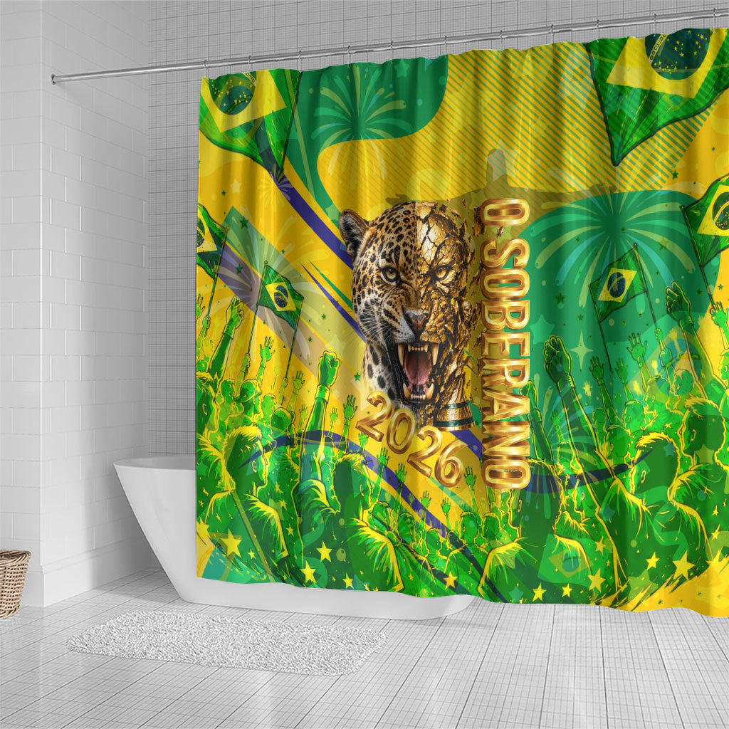 Brazil Football Champions 2026 Shower Curtain Sovereign Jaguar Golden Trophy 3D Graphic Design
