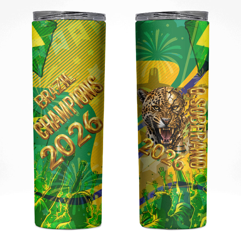 Brazil Football Champions 2026 Skinny Tumbler Sovereign Jaguar Golden Trophy 3D Graphic Design