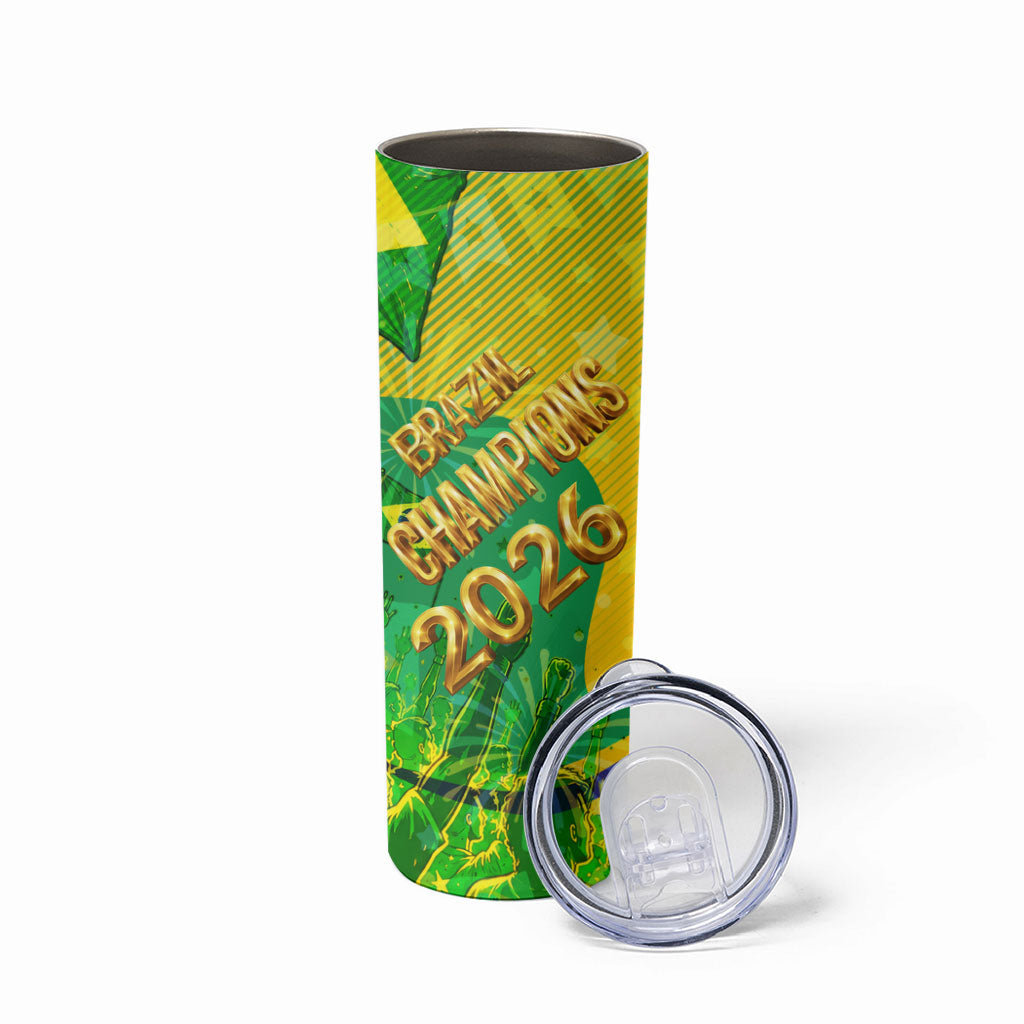 Brazil Football Champions 2026 Skinny Tumbler Sovereign Jaguar Golden Trophy 3D Graphic Design