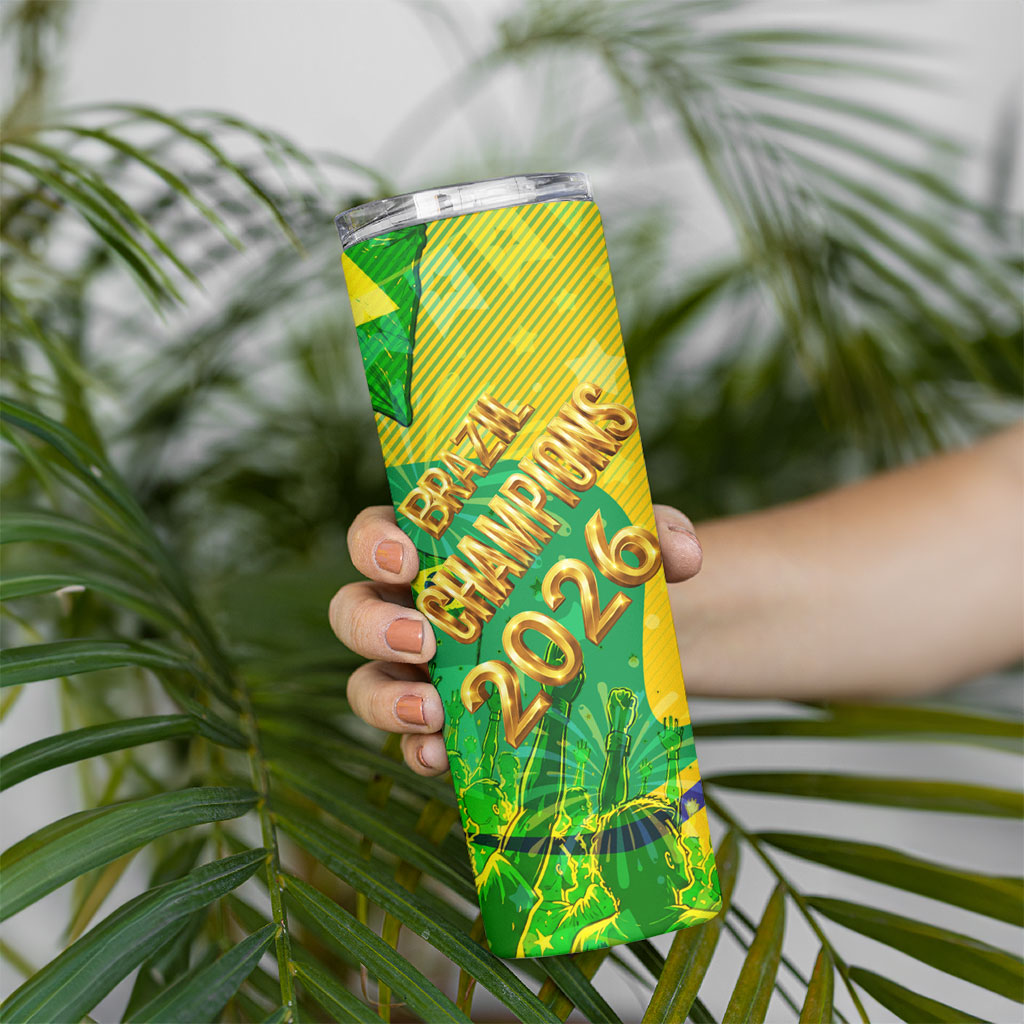 Brazil Football Champions 2026 Skinny Tumbler Sovereign Jaguar Golden Trophy 3D Graphic Design