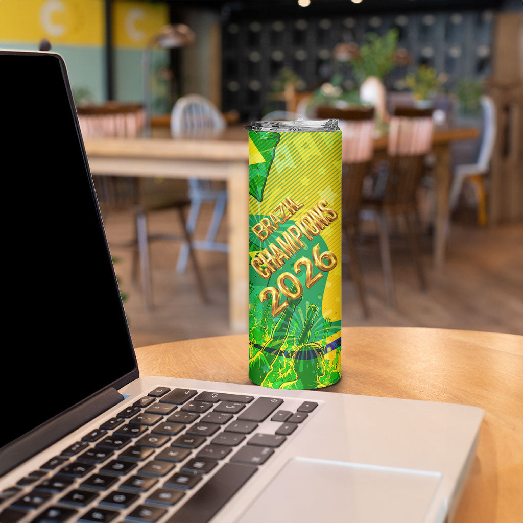 Brazil Football Champions 2026 Skinny Tumbler Sovereign Jaguar Golden Trophy 3D Graphic Design