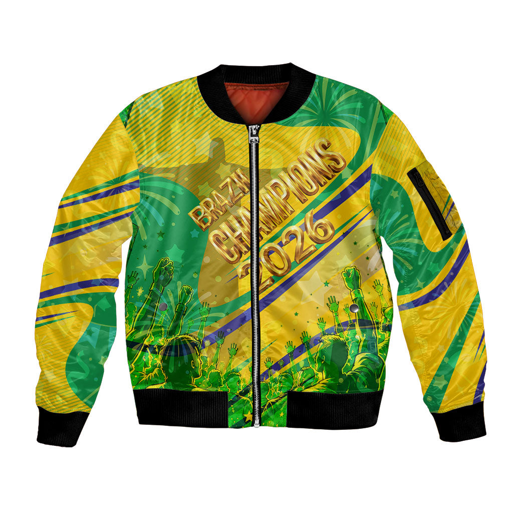 Brazil Football Champions 2026 Sleeve Zip Bomber Jacket Sovereign Jaguar Golden Trophy 3D Graphic Design