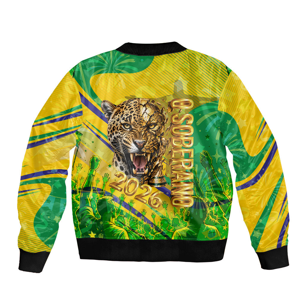 Brazil Football Champions 2026 Sleeve Zip Bomber Jacket Sovereign Jaguar Golden Trophy 3D Graphic Design