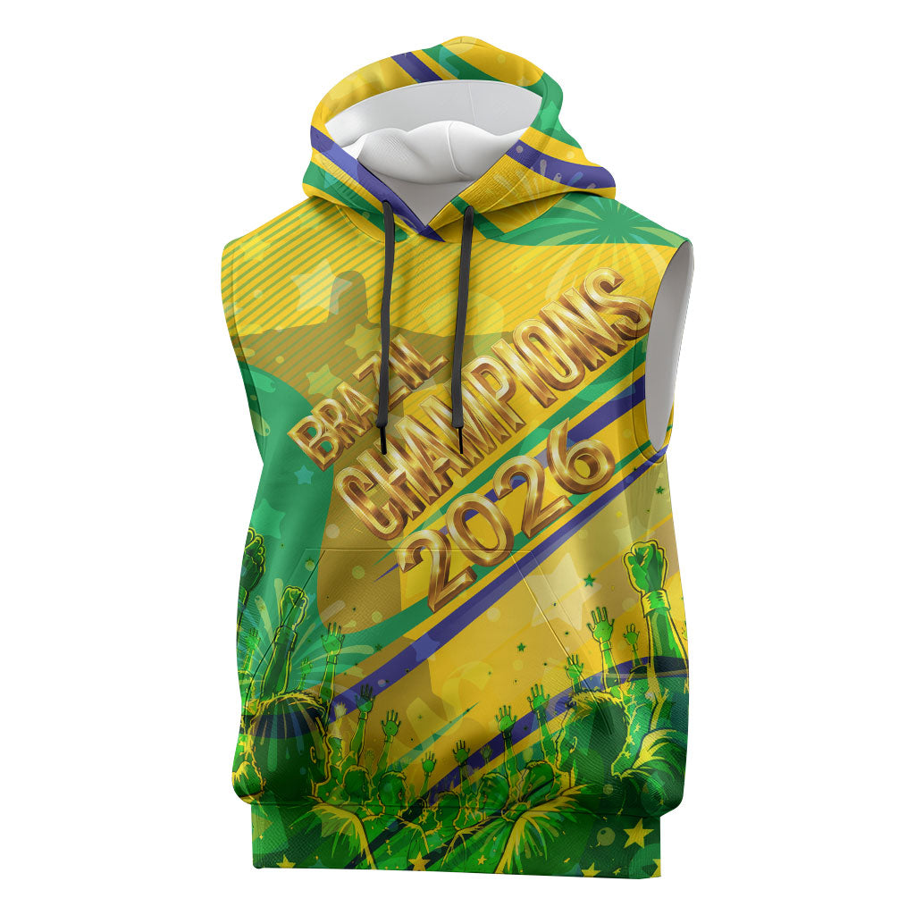 Brazil Football Champions 2026 Sleeveless Hoodie Sovereign Jaguar Golden Trophy 3D Graphic Design